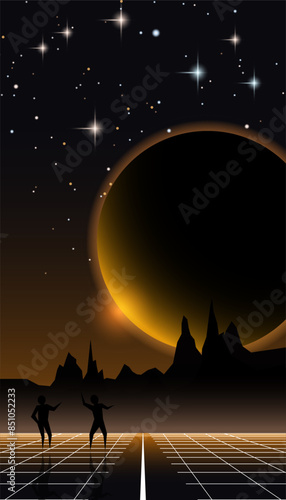 Smartphone vector wallpaper. Night sky and mountains vector background