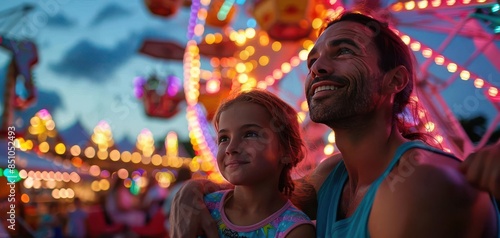 Father and daughter enjoying a night at a brightly lit carnival, gazing at the Ferris wheel with happiness and wonder. © AlexCaelus