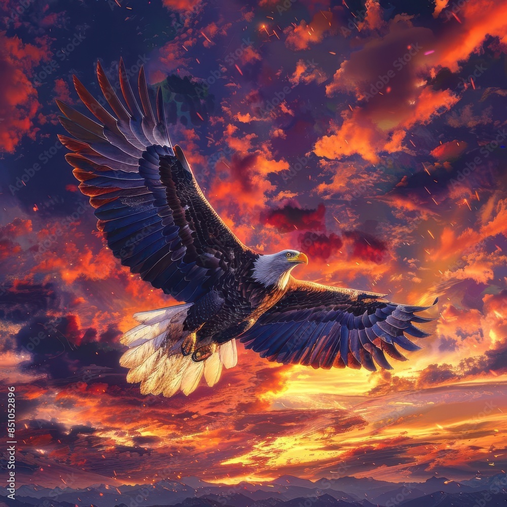 Obraz premium A majestic eagle soaring through a vibrant sunset sky with dramatic clouds, showcasing freedom and strength in nature.