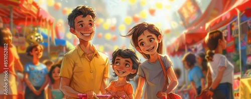 Happy family enjoys a vibrant outdoor market with colorful stalls and lively atmosphere on a sunny day.