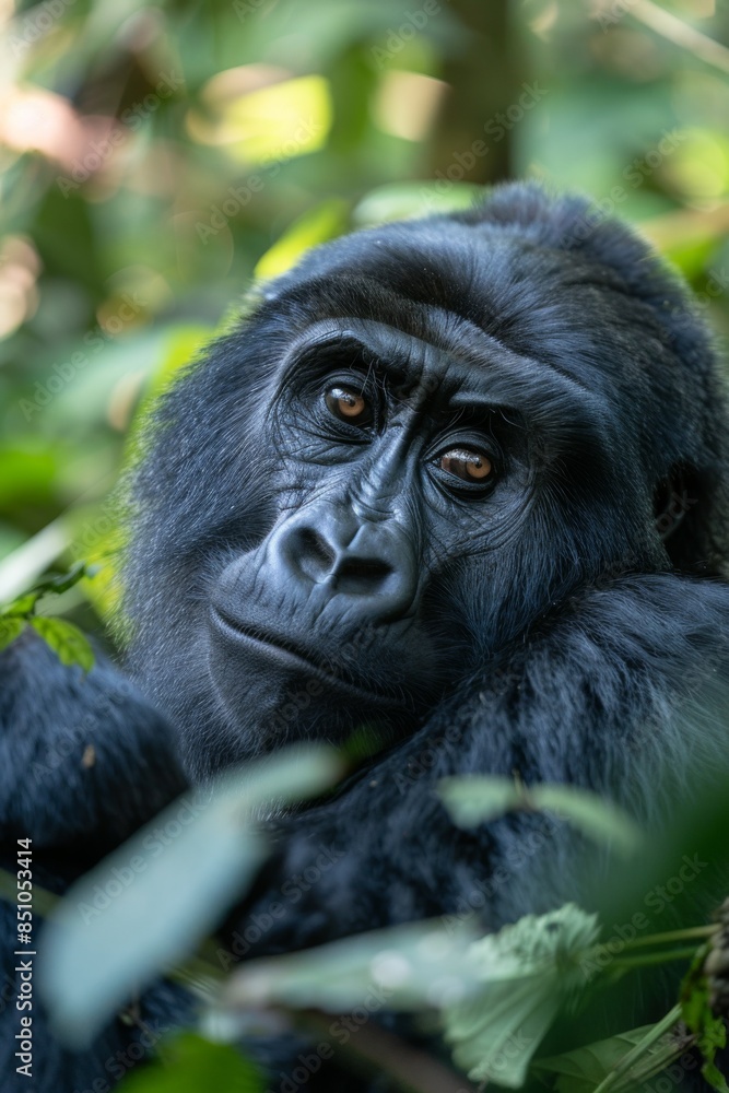 Gorilla: A shot of a gorilla in a jungle setting, capturing its calm and relaxed expression. Gorilla: A shot of a gorilla in a jungle setting, capturing its calm and relaxed expression.