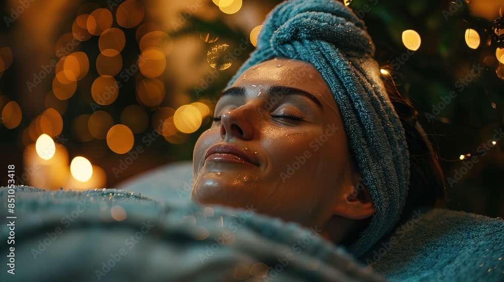 Portrait of woman at spa in dark light with candles and lights , massage and relax concept Portrait of woman at spa in dark light with candles and lights , massage and relax concept
