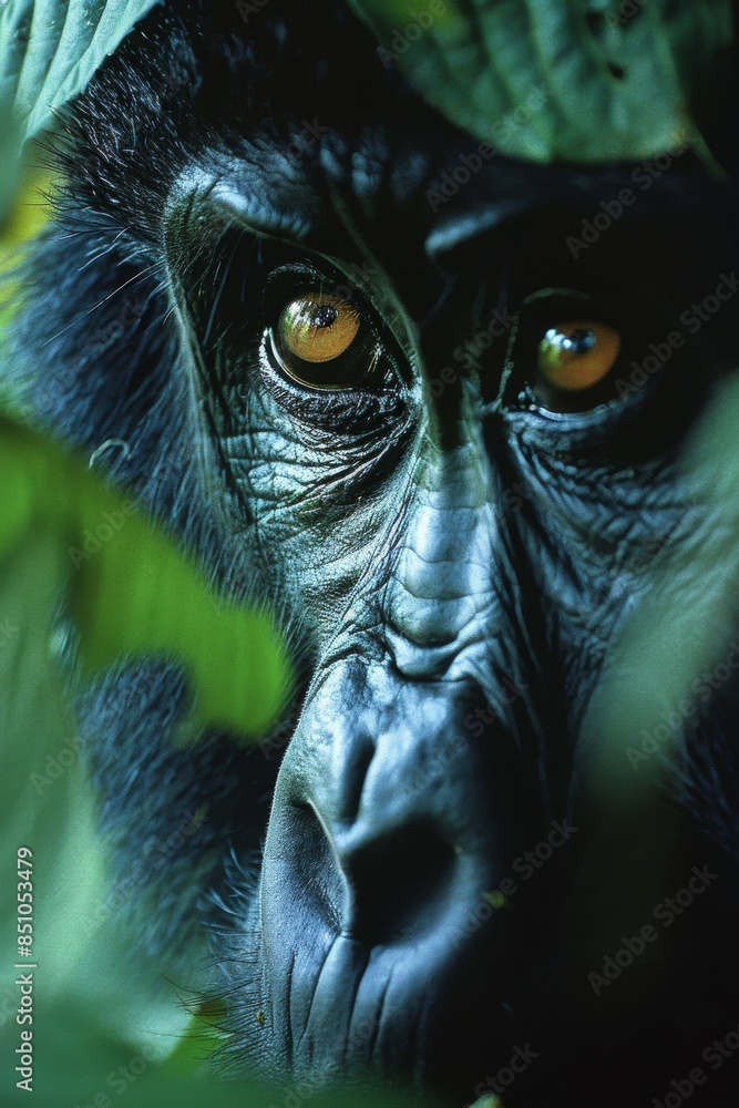Gorilla: A shot of a gorilla's facial features, capturing its powerful build and expression. Gorilla: A shot of a gorilla's facial features, capturing its powerful build and expression.