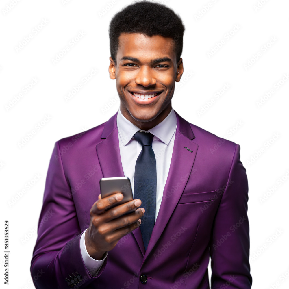 Smiling Businessman Using Smartphone in Purple Suit on Transparent Background Smiling Businessman Using Smartphone in Purple Suit on Transparent Background