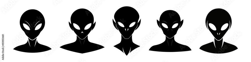 Fototapeta premium Set of Black silhouettes of alien heads isolated on white background. Humanoids. Concept of extraterrestrial, sci-fi design, space being. Graphic art. Icon, print, pictogram, logo, design element