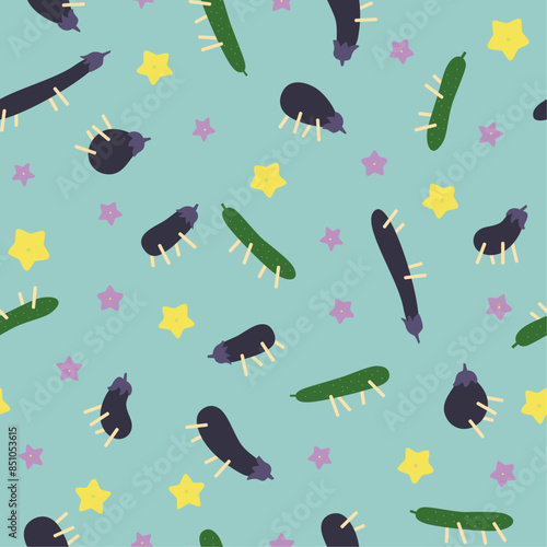 お盆の精霊馬・精霊牛と市松模様のシームレスパターン（緑）