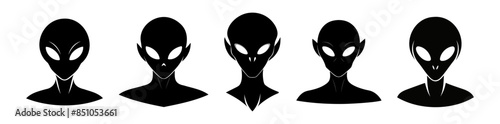 Set of Black silhouettes of alien heads isolated on white background. Humanoids. Concept of extraterrestrial, sci-fi design, space being. Graphic art. Icon, print, pictogram, logo, design element