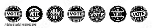 Set of VOTE emblems in circular badge designs. Graphic icons symbolizing democracy, elections, civic duty, and political engagement. Suitable for badges, stickers, voting campaigns, and prints