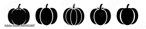 Set of Black pumpkin silhouettes isolated on white background. Icon, logo, sign, pictogram. Concept of minimalist Halloween decor, seasonal graphic design, farming, harvest. Design elements