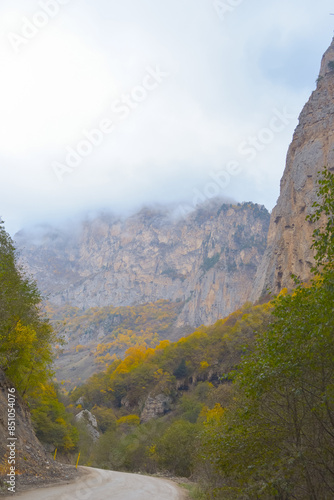 Obraz na płótnie Mountain scenic winding road. The yellow-green forested hills in the background are covered in fog. w salonie