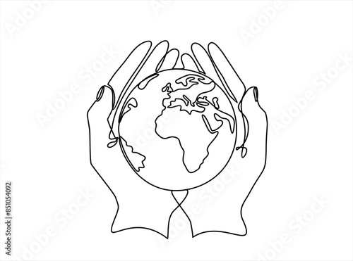 Continuous one line art drawing hands hold Earth globe. Save and protect Planet linear concept. Vector illustration isolated on white.