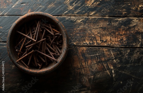 Bowl of Rusty Nails on Weathered Wooden Table