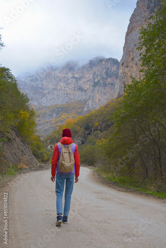 Obraz na płótnie A woman traveler walks along a road in the mountains, forest and fog, the woman enjoys the beautiful nature in the fog. w salonie