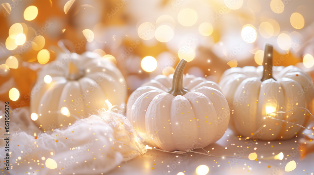 Fototapeta premium White Pumpkins with Fairy Lights for Festive Autumn Decor