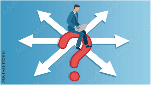 Man uncertain about what road he should choose. Sitting on question mark with arrows with different angels in background. 16:9. Vector illustration.