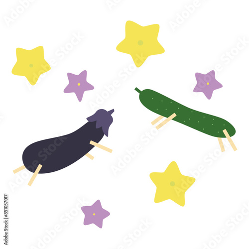 お盆の精霊馬・精霊牛と星型の花のイラスト