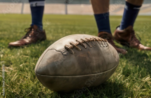 Rugby player's legs on the grass kicking a ball on the grass