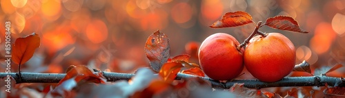 Close-up of two red apples on a branch surrounded by autumn leaves with a bokeh background, capturing the essence of fall harvest. photo