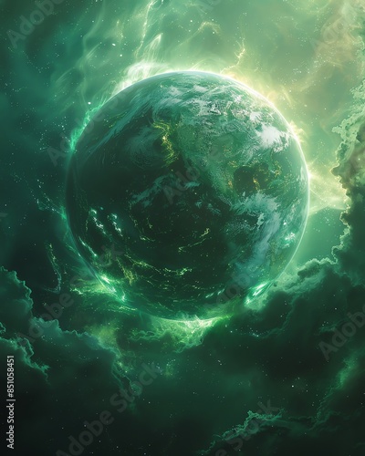 A stunning digital artwork depicting a green glowing planet surrounded by luminous clouds in space, evoking a sense of mystery and awe.