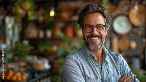 Smiling Man with Glasses in a Rustic Setting © nomesart