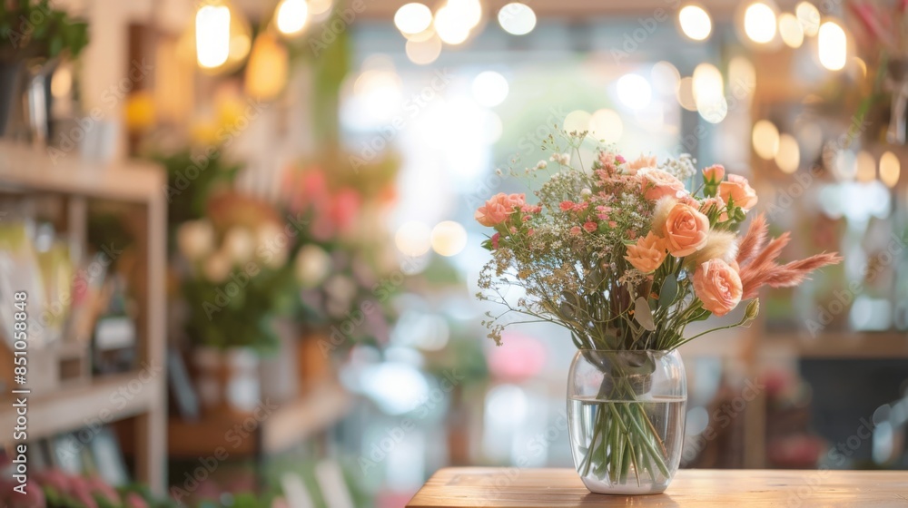 A bouquet of pink roses and other flowers sits in a glass vase on a wooden counter in a florist shop. A bouquet of pink roses and other flowers sits in a glass vase on a wooden counter in a florist shop.