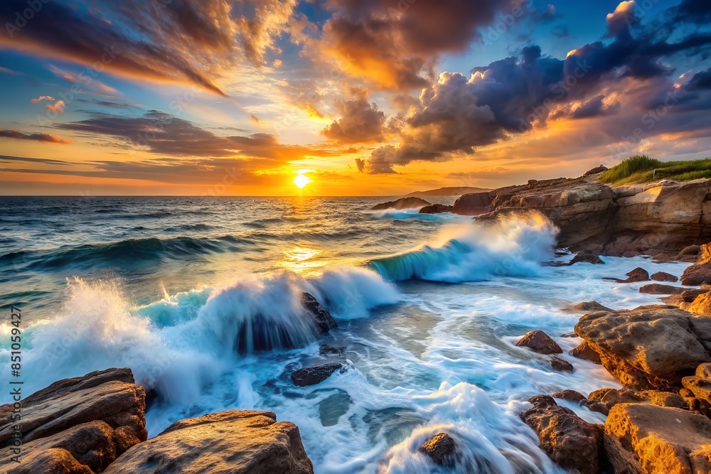 Beautiful sunset mediterranean seascape. Waves crash on rocks in nature. Beautiful sunset mediterranean seascape. Waves crash on rocks in nature.