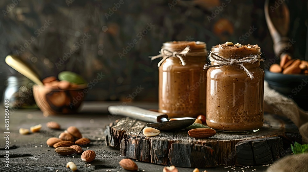 displayed jars of homemade almond and cashew butter on a wooden board with a spreader, set against a cozy kitchen backdrop. displayed jars of homemade almond and cashew butter on a wooden board with a spreader, set against a cozy kitchen backdrop.