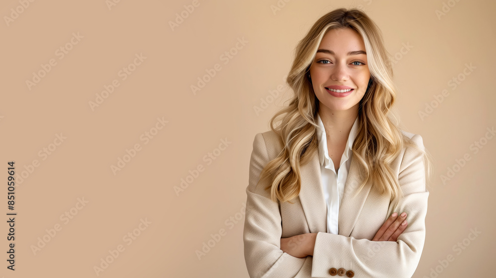 A young blond woman in beige clothing stands against a solid beige background. Studio. Isolated beige background. A young blond woman in beige clothing stands against a solid beige background. Studio. Isolated beige background.