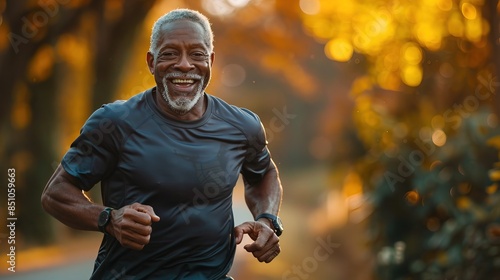 Portrait of a happy African American senior man running in the morning © MochSjamsul