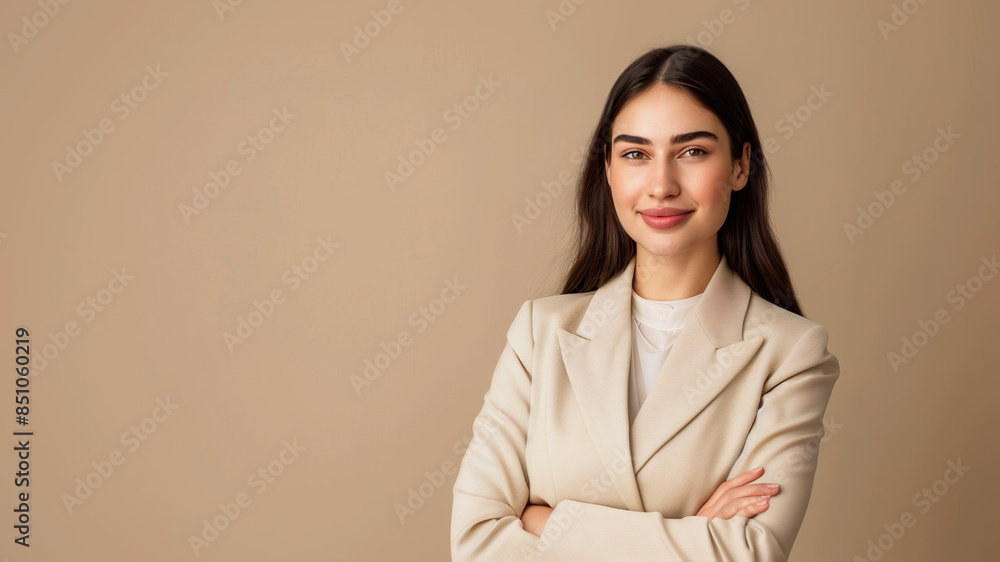 A young brunette woman in beige clothing stands against a solid beige background. Studio. Isolated beige background. A young brunette woman in beige clothing stands against a solid beige background. Studio. Isolated beige background.