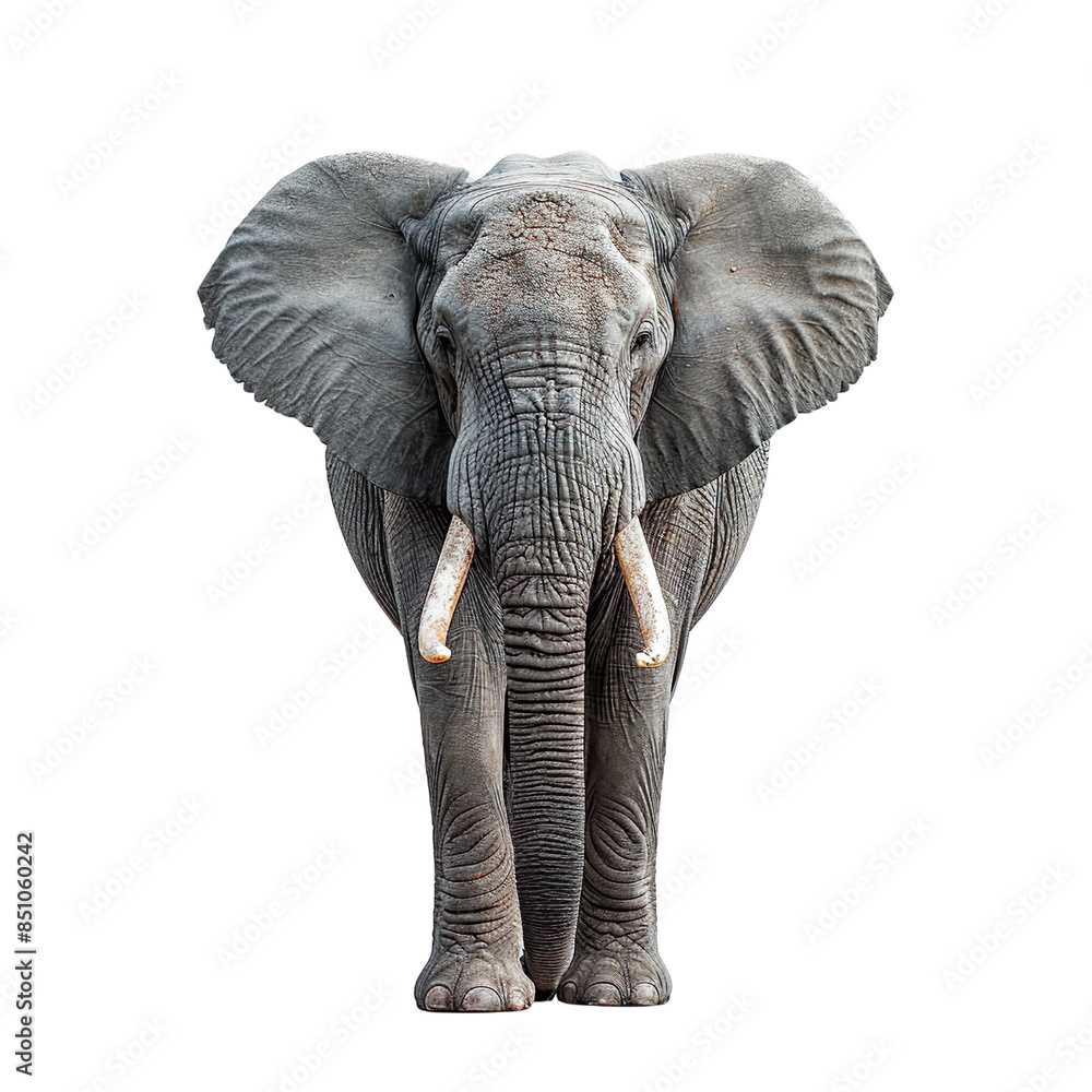 Obraz premium View from front of grey elephant isolated on white background, transparent background