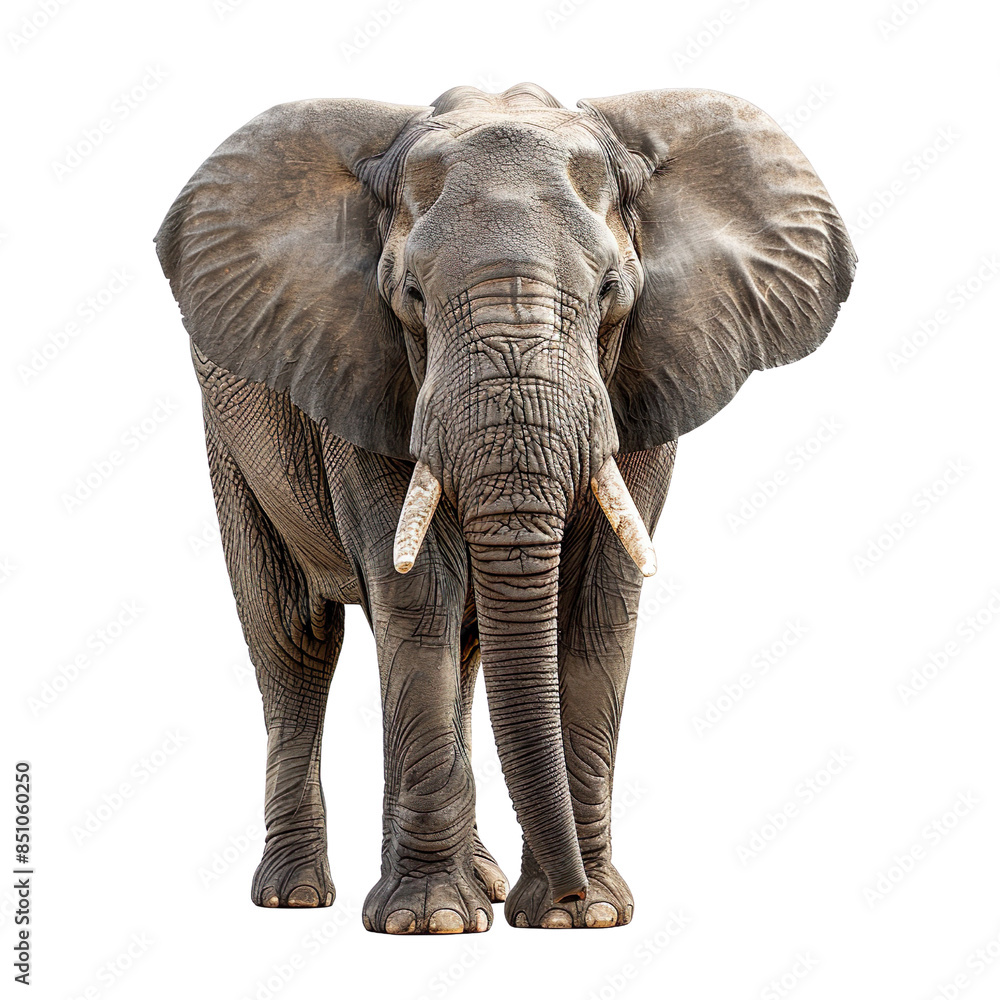 Fototapeta premium View from front of grey elephant isolated on white background, transparent background