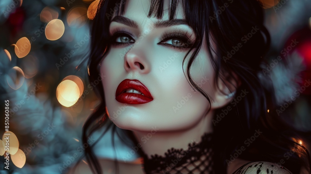 Obraz premium Goth style inspired brunette female Portrait, fashion and make-up style shoot. Gothic, Goth, Emo, New Wave, Dark style fashion. Dark smokey make-up, red lipstick. Dramatic. Elegant.
