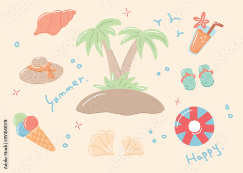 Summer illustration elements in Cute Degital design style