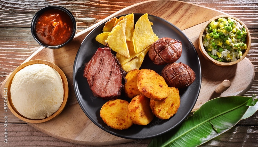 fried or chopped - Veal, chicken, beef, chorizo, yuca and arepa. traditional colombian food fried or chopped - Veal, chicken, beef, chorizo, yuca and arepa. traditional colombian food