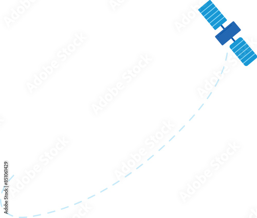 Small blue satellite orbiting earth dotted line path isolated background. Blue satellite transmitting signal curved line vector illustration. Tech space communications orbiting distant