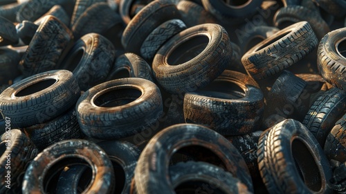 A large pile of old, worn tires stacked together, showcasing rubber waste and potential for recycling or repurposing. photo