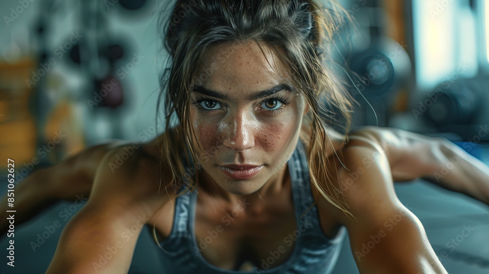 A determined woman in activewear push up pushing her limits at the gym full of sweet A determined woman in activewear push up pushing her limits at the gym full of sweet