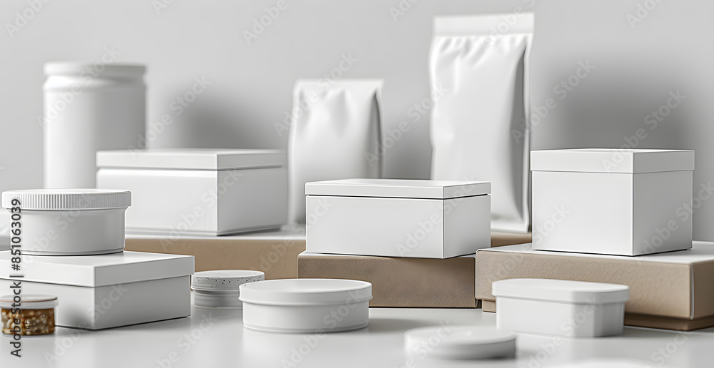 A white box with a lid sits on a table next to other white boxes A white box with a lid sits on a table next to other white boxes