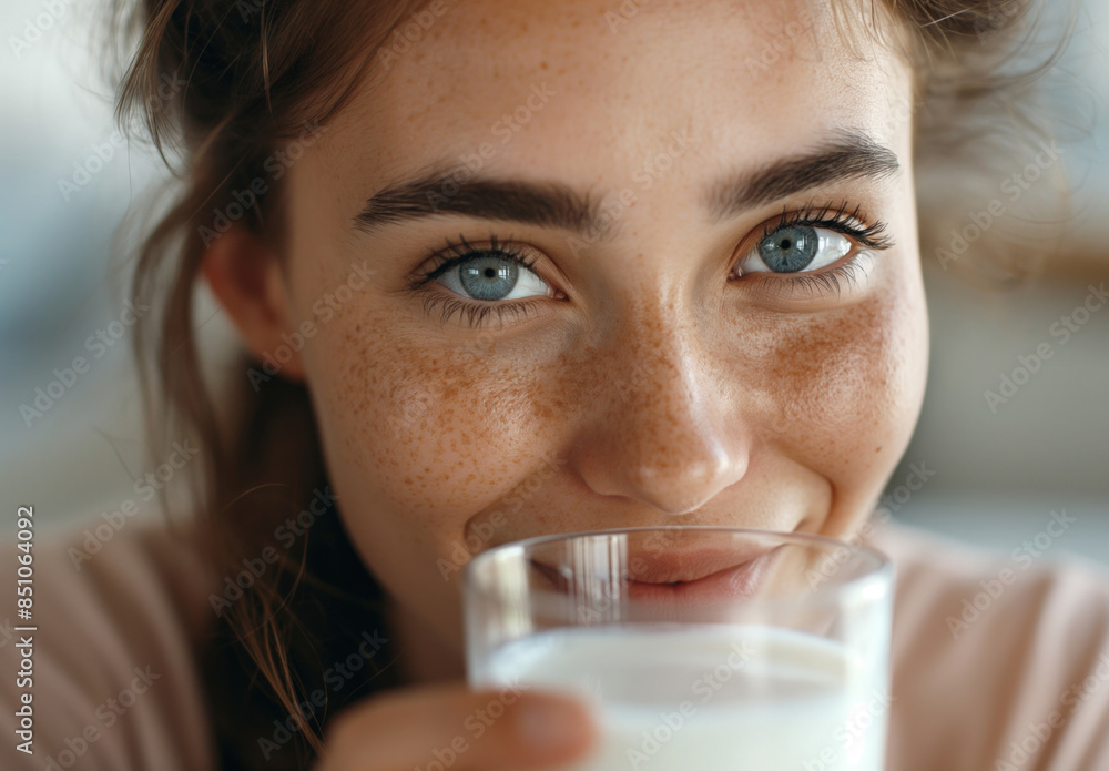 Portrait of a beautiful young woman with freckles smiling and drinking milk from a glass at home Portrait of a beautiful young woman with freckles smiling and drinking milk from a glass at home