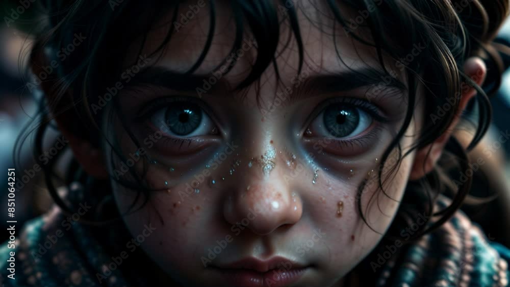 Close-up movie scene of a magical child with beautiful big eyes, seamless loop. Close-up movie scene of a magical child with beautiful big eyes, seamless loop.