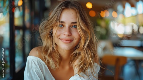 Wallpaper Mural Photo of beautiful happy woman looking at camera while sitting at office Torontodigital.ca