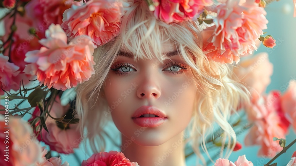 fashion blond woman with flowers fashion blond woman with flowers
