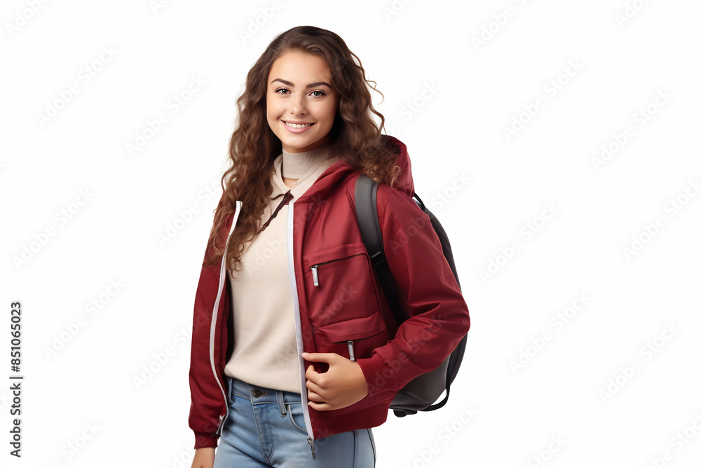 Young woman wearing red jacket and backpack standing in front of white background Young woman wearing red jacket and backpack standing in front of white background
