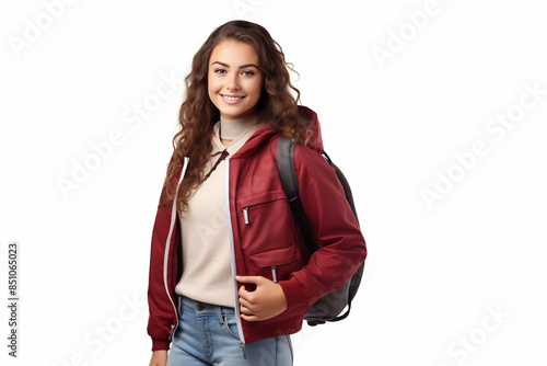 Young woman wearing red jacket and backpack standing in front of white background