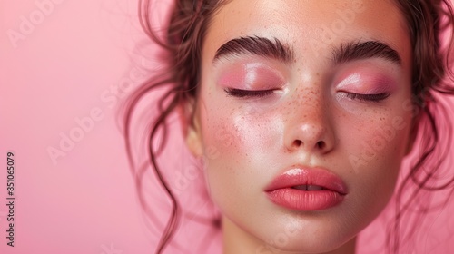 Wallpaper Mural Beautiful young woman face with closed eyes on pastel pink glowing background. Beauty skin care make up cosmetics concept banner Torontodigital.ca