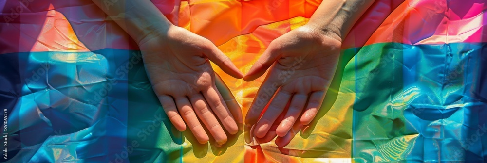 Obraz premium Horizontal banner. LGBT Pride Month. Two hands side by side on a rainbow flag. lgbt flag, lgbt parade, International Day Against Homophobia.