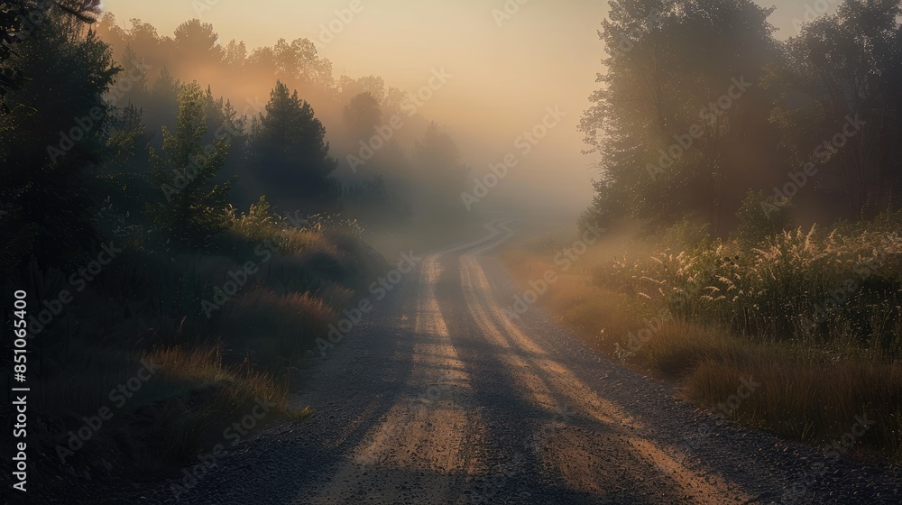 Misty morning light illuminating an aged dirt and gravel road Misty morning light illuminating an aged dirt and gravel road