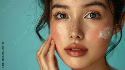 A captivating portrait featuring a asian woman modeling makeup, ideal for promoting face wash products, her hand delicately touching her fresh face