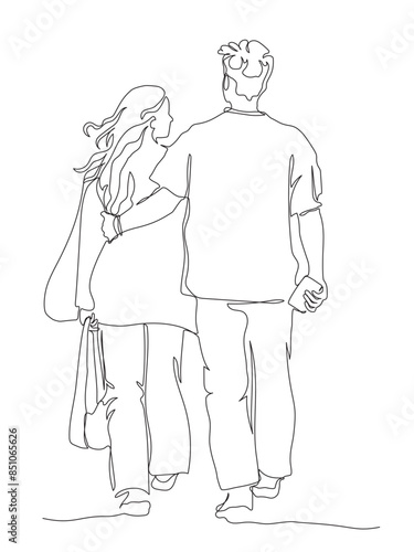 Couple walking away embracing. Man holding phone. Back view. Continuous line drawing. Black and white vector illustration in line art style.